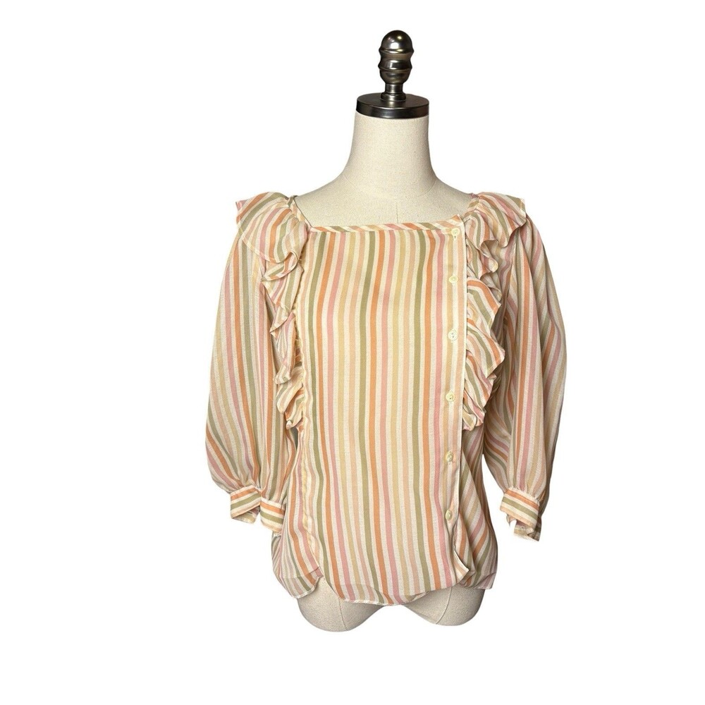 VTG 70s College Town Striped Ruffle Collar Button Blouse Retro Orange Yellow M